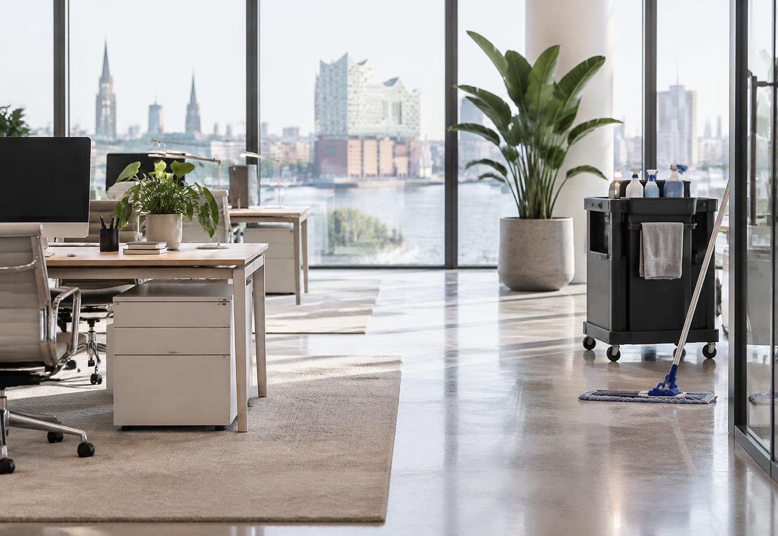 Helles Büro mit großen Fenstern, Reinigungswagen und frisch gewischtem Boden
