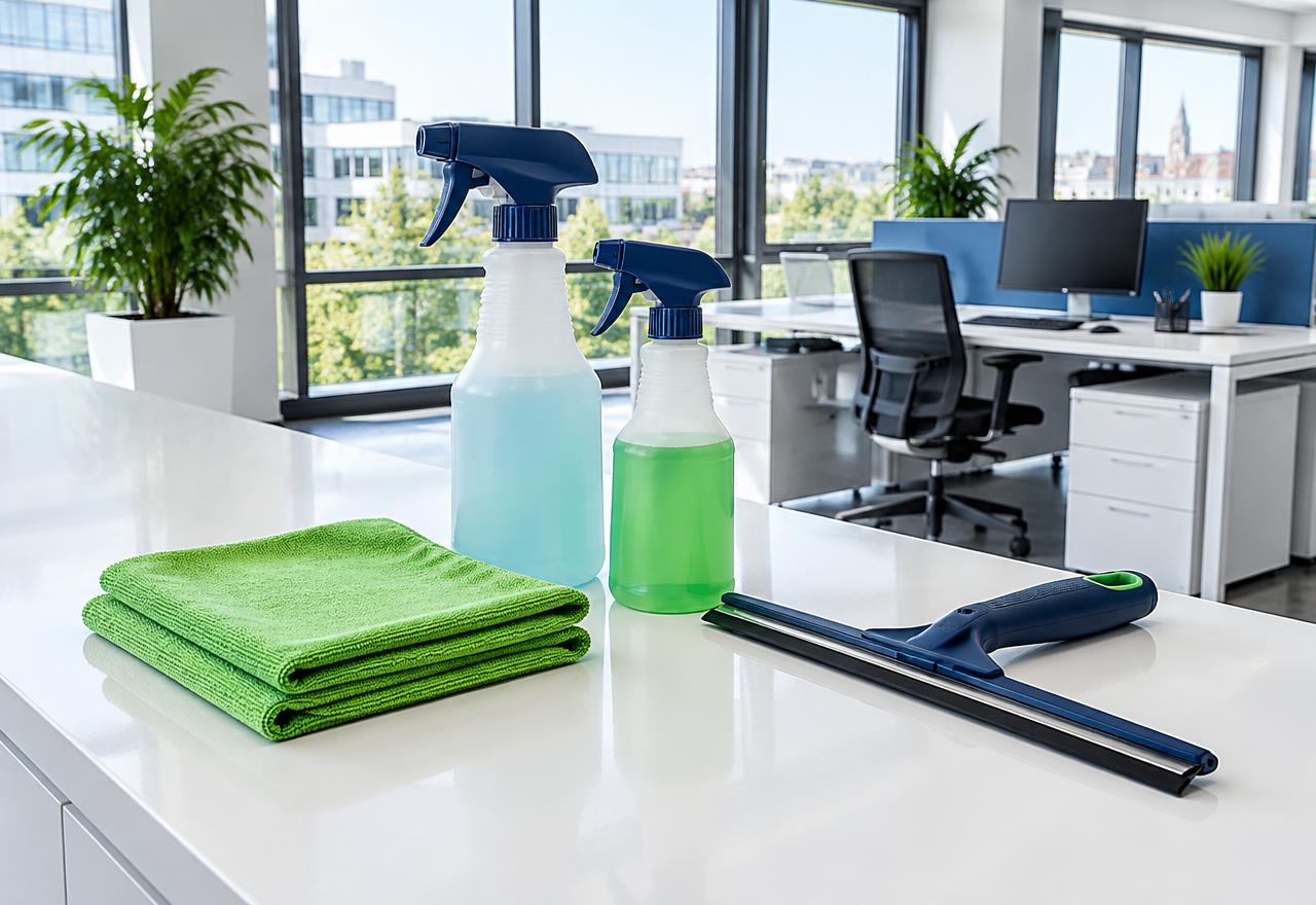 Mikrofasertücher und Fensterabzieher auf einer gepflegten Bürofläche