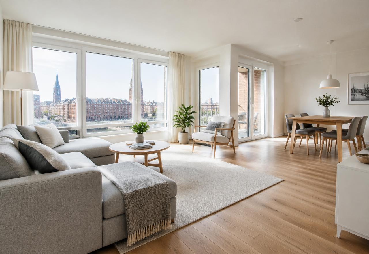 Helles, aufgeräumtes Wohnzimmer mit gepflegten Böden und großen Fenstern