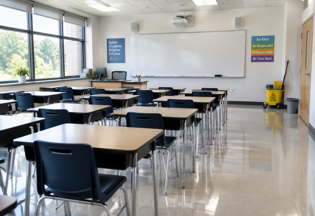 Leeres, sauberes Klassenzimmer mit Tischreihen